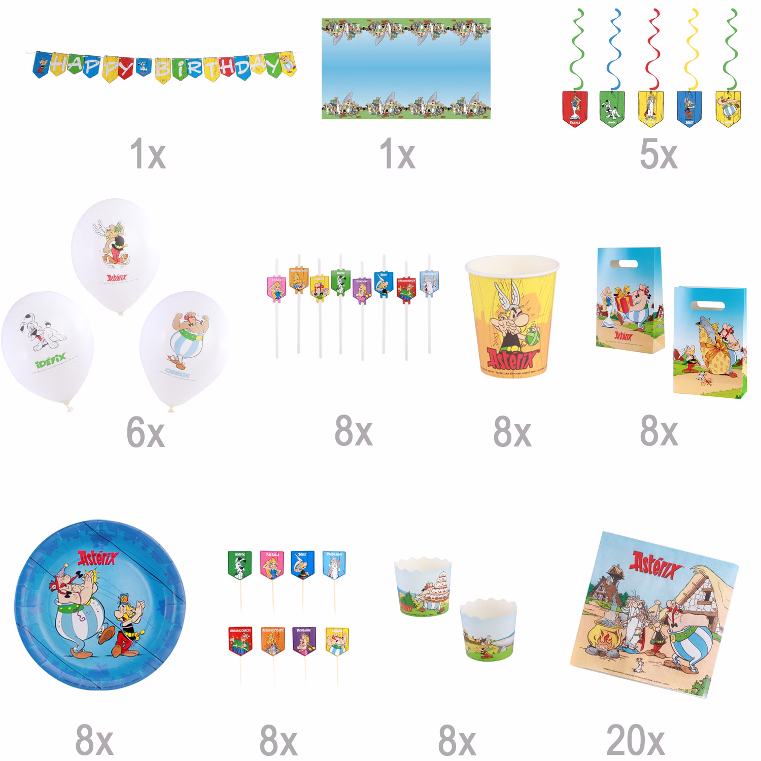 Übersicht der enthaltenen Bestandteile des Asterix & Obelix Party-Sets mit Mengenangaben zu Dekoration und Geschirr.