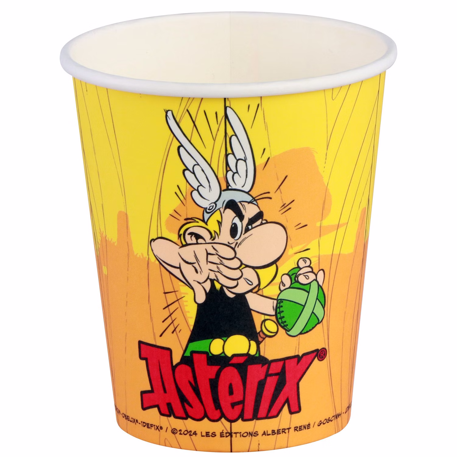 Gelber Asterix Partybecher mit Comicfigur und Logo in freigestellter Einzelansicht.