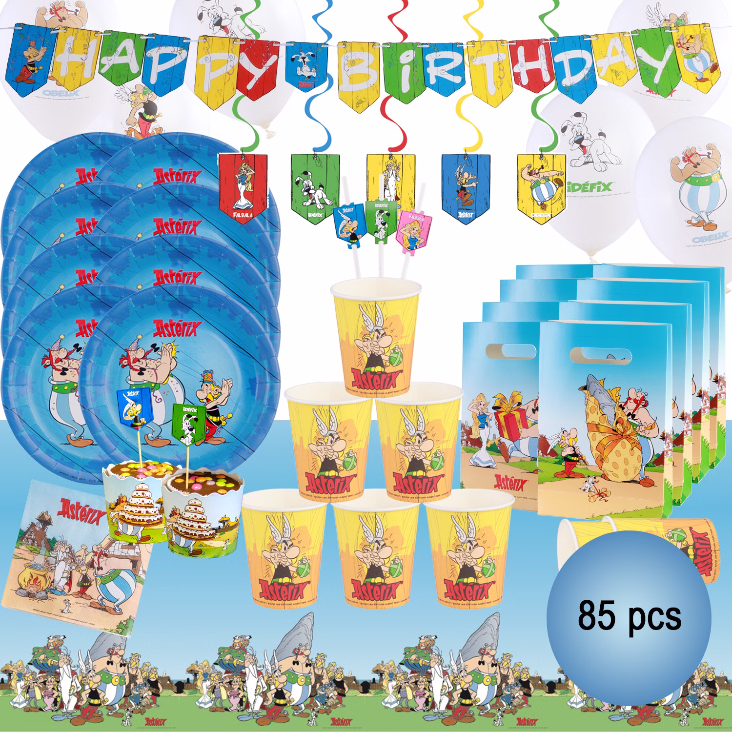 Asterix & Obelix 85-teiliges Party-Set mit Partygeschirr, Ballons, Girlande, Deckenhänger, Cupcakes, Geschenktüten und Tischdecke für Kindergeburtstag.