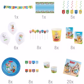 XXL Asterix & Obelix Geburtstag Party-Set Tisch-Deko 85-tlg. Part-Deko Kindergeburtstag Comic-Helden Dekoration gedeckter Tisch Übersicht der enthaltenen Bestandteile des Asterix & Obelix Party-Sets mit Mengenangaben zu Dekoration und Geschirr.