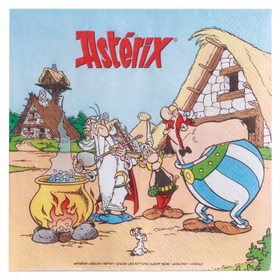XXL Asterix & Obelix Geburtstag Party-Set Tisch-Deko 85-tlg. Part-Deko Kindergeburtstag Comic-Helden Dekoration gedeckter Tisch Asterix Serviette mit Motiv aus dem gallischen Dorf neben Zaubertrankkessel und Obelix vor weißem Hintergrund.