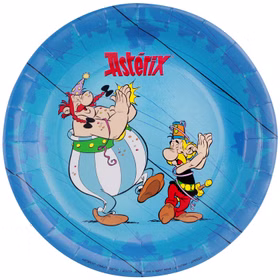 XXL Asterix & Obelix Geburtstag Party-Set Tisch-Deko 85-tlg. Part-Deko Kindergeburtstag Comic-Helden Dekoration gedeckter Tisch Blauer Asterix & Obelix Pappteller mit Comicmotiv und Partydesign in runder Einzelansicht.