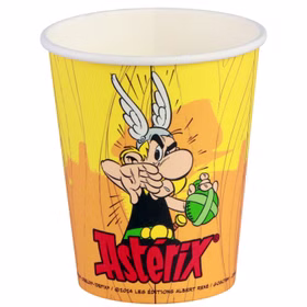 XXL Asterix & Obelix Geburtstag Party-Set Tisch-Deko 85-tlg. Part-Deko Kindergeburtstag Comic-Helden Dekoration gedeckter Tisch Gelber Asterix Partybecher mit Comicfigur und Logo in freigestellter Einzelansicht.