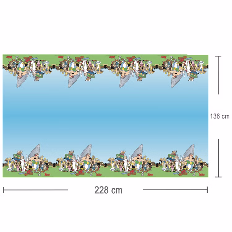 XXL Asterix & Obelix Geburtstag Party-Set Tisch-Deko 85-tlg. Part-Deko Kindergeburtstag Comic-Helden Dekoration gedeckter Tisch Asterix & Obelix Tischdecke mit Comicmotiv und Maßangaben 136 x 228 cm in rechteckiger Darstellung.