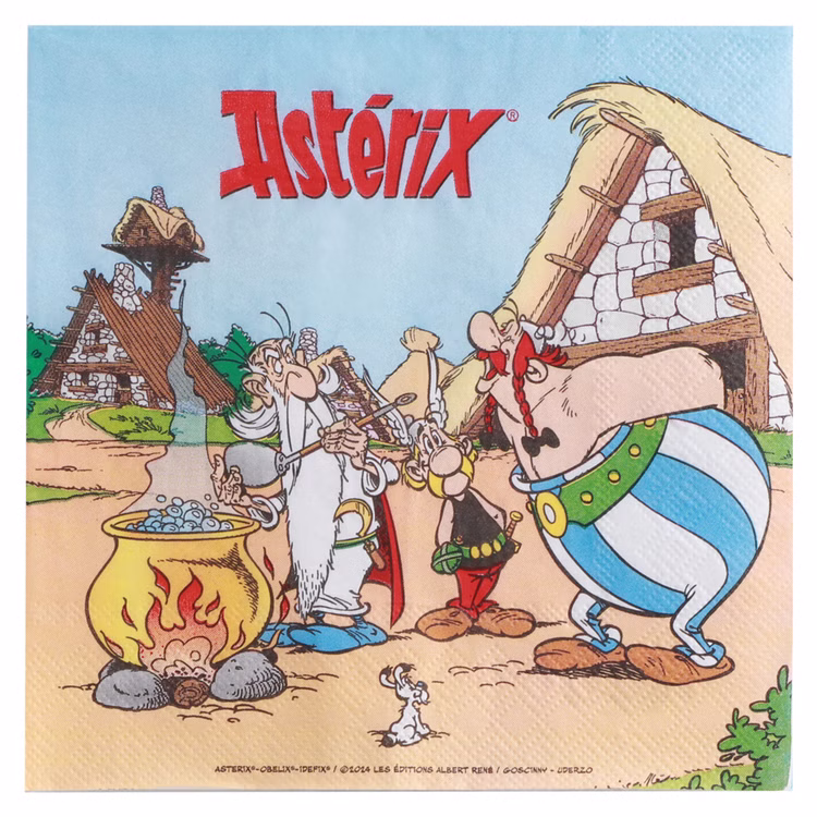 XXL Asterix & Obelix Geburtstag Party-Set Tisch-Deko 85-tlg. Part-Deko Kindergeburtstag Comic-Helden Dekoration gedeckter Tisch Asterix Serviette mit Motiv aus dem gallischen Dorf neben Zaubertrankkessel und Obelix vor weißem Hintergrund.