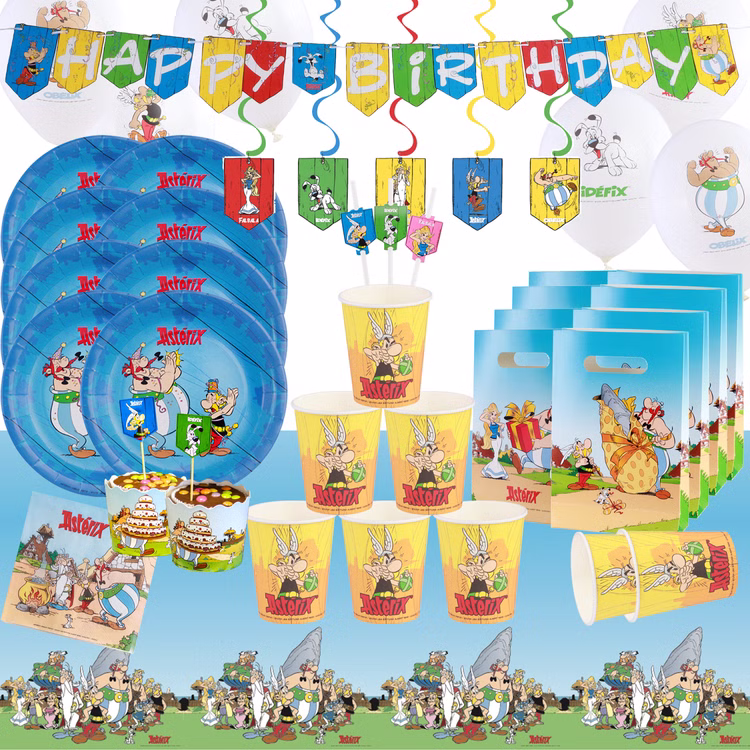 XXL Asterix & Obelix Geburtstag Party-Set Tisch-Deko 85-tlg. Part-Deko Kindergeburtstag Comic-Helden Dekoration gedeckter Tisch XXL Asterix & Obelix Party-Set mit Partygeschirr, Ballons, Girlande, Deckenhänger, Cupcakes, Geschenktüten und Tischdecke für Kindergeburtstag.