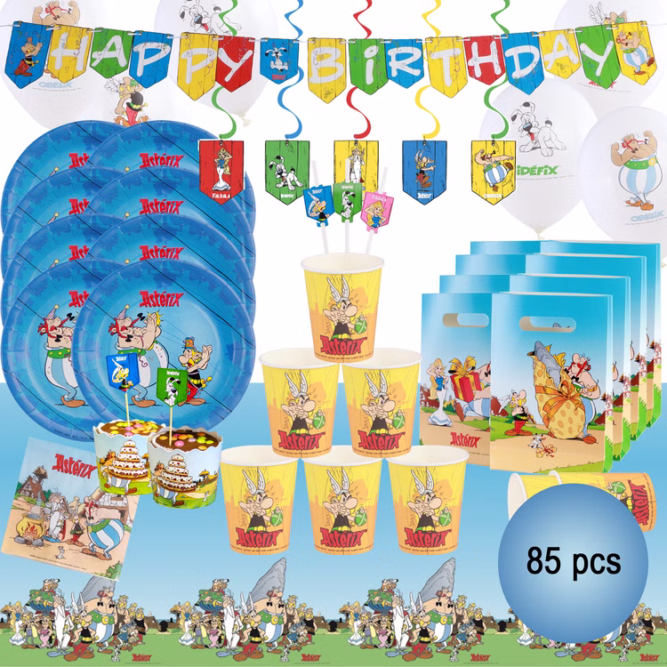 XXL Asterix & Obelix Geburtstag Party-Set Tisch-Deko 85-tlg. Part-Deko Kindergeburtstag Comic-Helden Dekoration gedeckter Tisch Asterix & Obelix 85-teiliges Party-Set mit Partygeschirr, Ballons, Girlande, Deckenhänger, Cupcakes, Geschenktüten und Tischdecke für Kindergeburtstag.