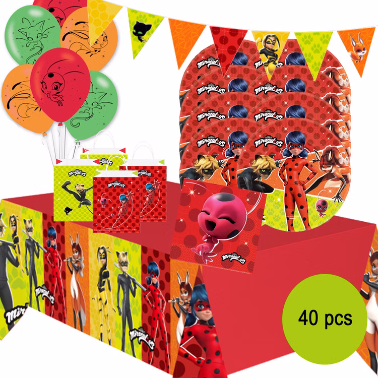 Miraculous Party-Set Ladybug & Cat-Noir Tisch-Deko 40-tlg. Party-Zubehör Kindergeburtstag gedeckter Tisch Geschirr Party-Geschirr Fasching Karneval Mottoparty Übersicht Party-Set Miraculous mit Pappgeschirr bestehend aus 40 Teilen