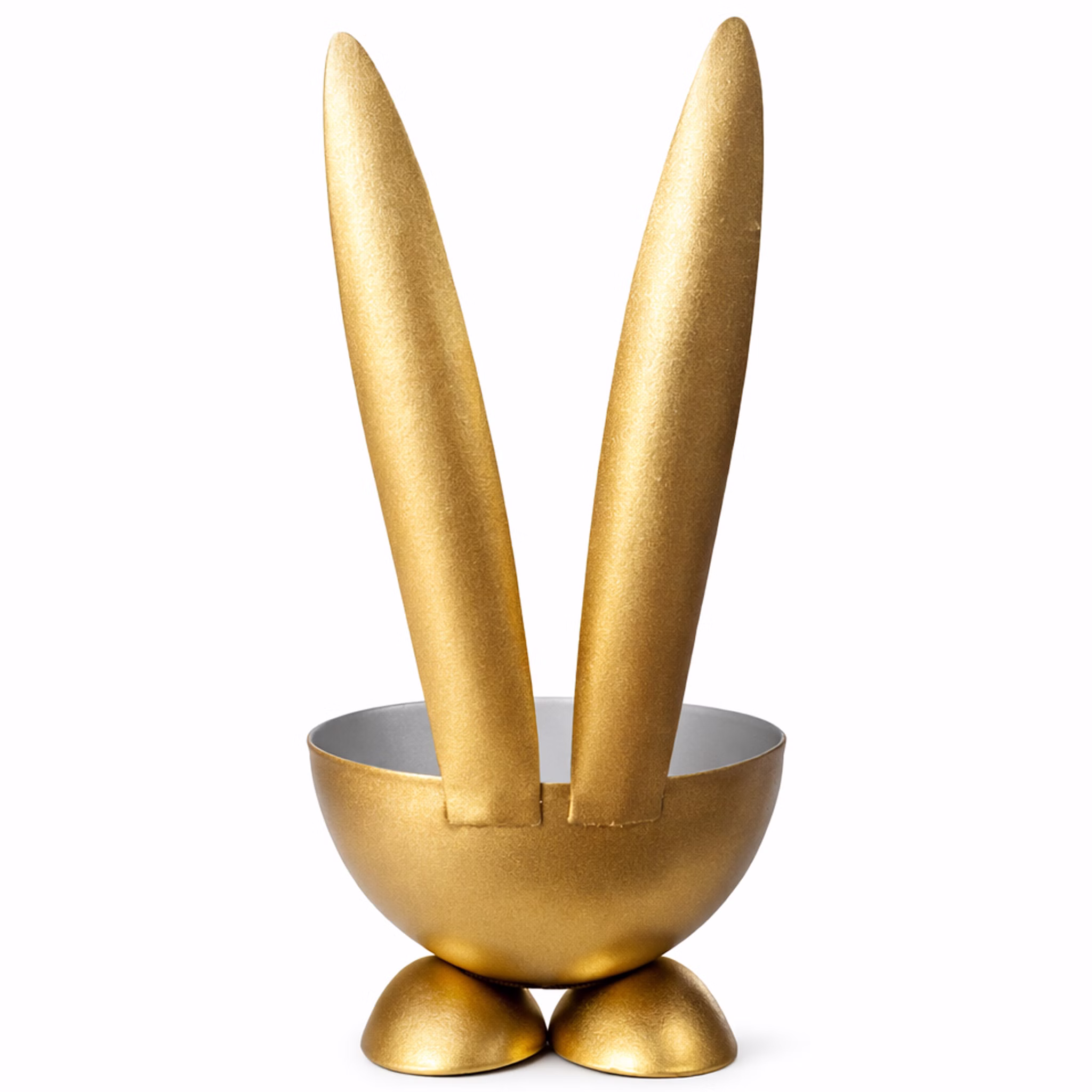 Eierbecher Hase Metall Osterhase 10 cm gedeckter Tisch Ostern Oster-Deko Dekoration Frühling Osterfest Osterbrunch Tisch-Deko Rückseite des goldenen Hasen-Eierbechers aus Metall mit zwei langen weißen Ohren und goldenen Standfüßen.