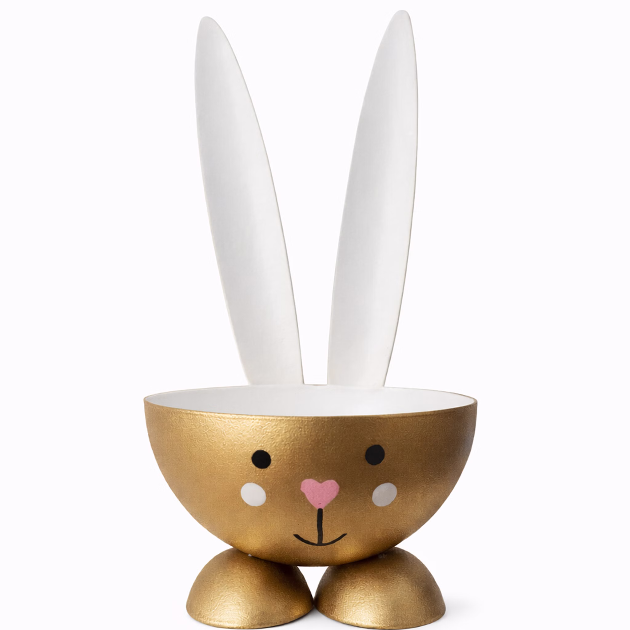 Eierbecher Hase Metall Osterhase 10 cm gedeckter Tisch Ostern Oster-Deko Dekoration Frühling Osterfest Osterbrunch Tisch-Deko Goldfarbener Eierbecher in Form eines Hasen aus Metall mit weißen Ohren, rosa Herz-Nase und kleinen goldenen Füßen auf weißem Hintergrund.