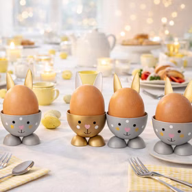 Hasen-Eierbecher in Gold und Grau mit Eiern auf gedecktem Ostertisch mit Kerzen und Frühlingsdeko.