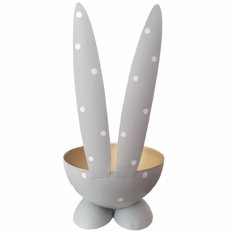 2 Eierbecher Hase Grau & Gold aus Metall Osterhase 10 cm gedeckter Tisch Ostern Oster-Deko Dekoration Frühling Osterfest Osterbrunch Tisch-Deko Rückseite eines grauen Eierbechers in Hasenform mit weiß gepunkteten Ohren und goldfarbener Innenfläche; die beiden Standfüße sind sichtbar.
