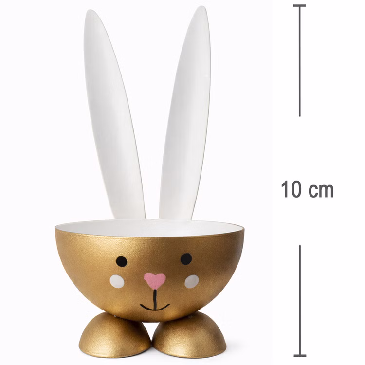 2 Eierbecher Hase Grau & Gold aus Metall Osterhase 10 cm gedeckter Tisch Ostern Oster-Deko Dekoration Frühling Osterfest Osterbrunch Tisch-Deko Goldener Hasen-Eierbecher mit langen Ohren und Maßangabe 10 cm, freigestellt auf weißem Hintergrund.