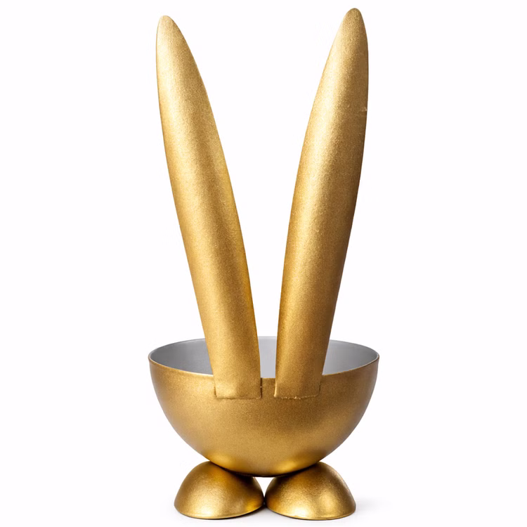 2 Eierbecher Hase Grau & Gold aus Metall Osterhase 10 cm gedeckter Tisch Ostern Oster-Deko Dekoration Frühling Osterfest Osterbrunch Tisch-Deko Rückansicht des goldenen Hasen-Eierbechers mit langen Ohren und kleinen Standfüßen.