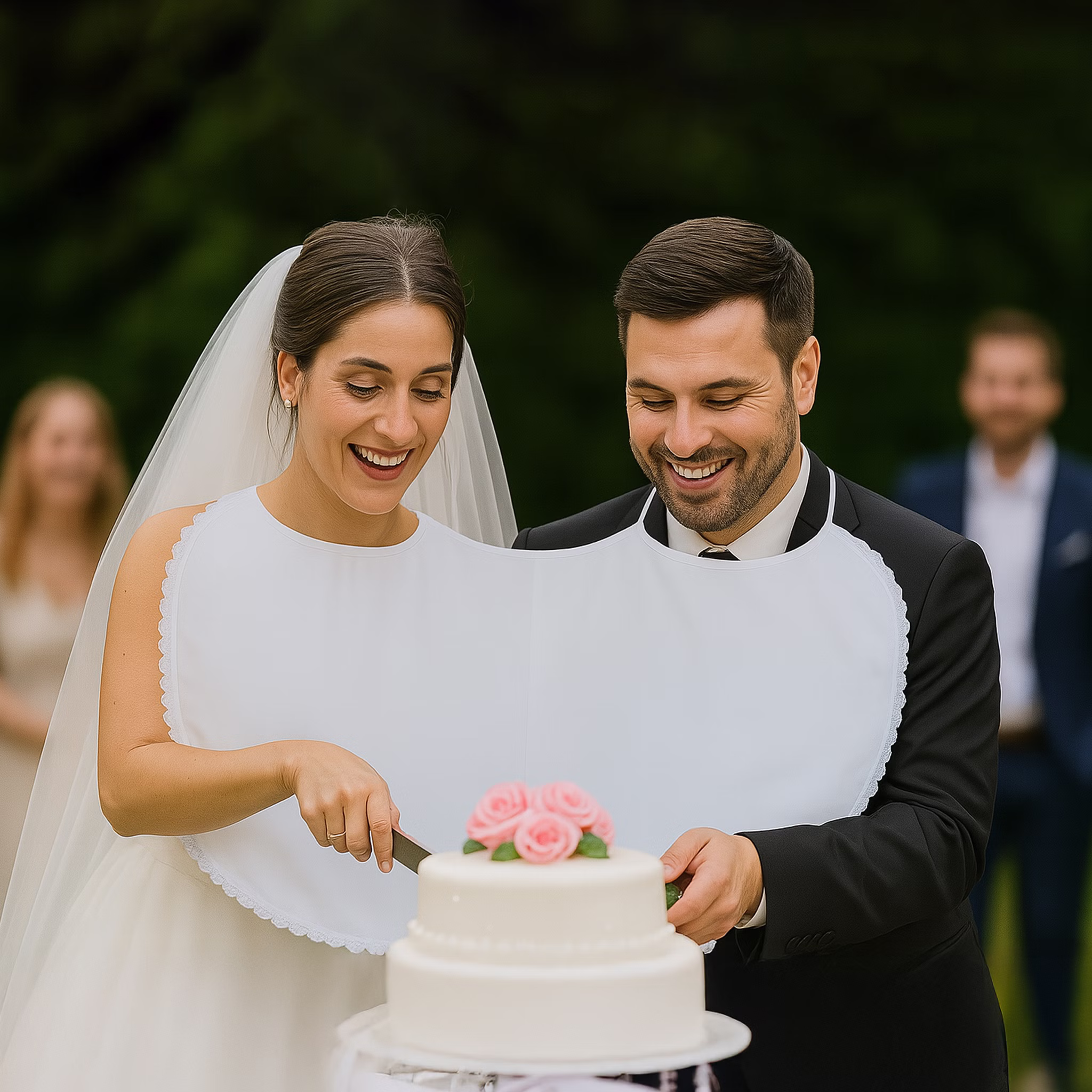 Doppel-Lätzchen weiß mit Spitze Hochzeit Party-Gag für Braut & Bräutigam Für immer zusammen Partyspiele Hochzeitsspiele Geburtstag Jubiläum Silberhochzeit Braut & Bräutigam tragen das Doppel-Lätzchen und schneiden gemeinsam die Hochzeitstorte an Hinweis: KI generiertes Bild