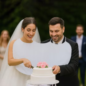 Doppel-Lätzchen weiß mit Spitze Hochzeit Party-Gag für Braut & Bräutigam Für immer zusammen Partyspiele Hochzeitsspiele Geburtstag Jubiläum Silberhochzeit Braut & Bräutigam tragen das Doppel-Lätzchen und schneiden gemeinsam die Hochzeitstorte an Hinweis: KI generiertes Bild