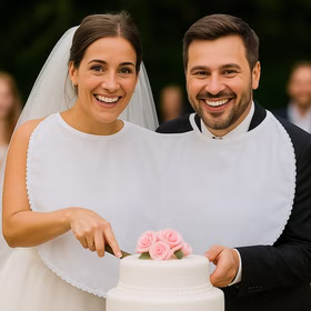 Doppel-Lätzchen weiß mit Spitze Hochzeit Party-Gag für Braut & Bräutigam Für immer zusammen Partyspiele Hochzeitsspiele Geburtstag Jubiläum Silberhochzeit Braut & Bräutigam tragen das Doppel-Lätzchen und schneiden gemeinsam die Hochzeitstorte an Hinweis: KI generiertes Bild