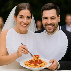 Doppel-Lätzchen weiß mit Spitze Hochzeit Party-Gag für Braut & Bräutigam Für immer zusammen Partyspiele Hochzeitsspiele Geburtstag Jubiläum Silberhochzeit Braut & Bräutigam tragen das Doppel-Lätzchen und essen dabei einen Teller Spaghetti zusammen Hinweis: KI generiertes Bild