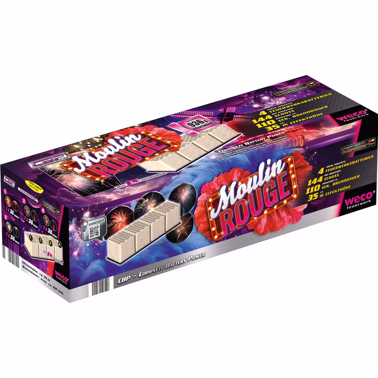Moulin Rouge Verbundfeuerwerk 110 Sek. von Weco Silvesterfeuerwerk, Geburtstagsfeuerwerk Moulin Rouge Verbundfeuerwerk 110 Sek. von Weco Silvesterfeuerwerk, Geburtstagsfeuerwerk - mit Verpackung