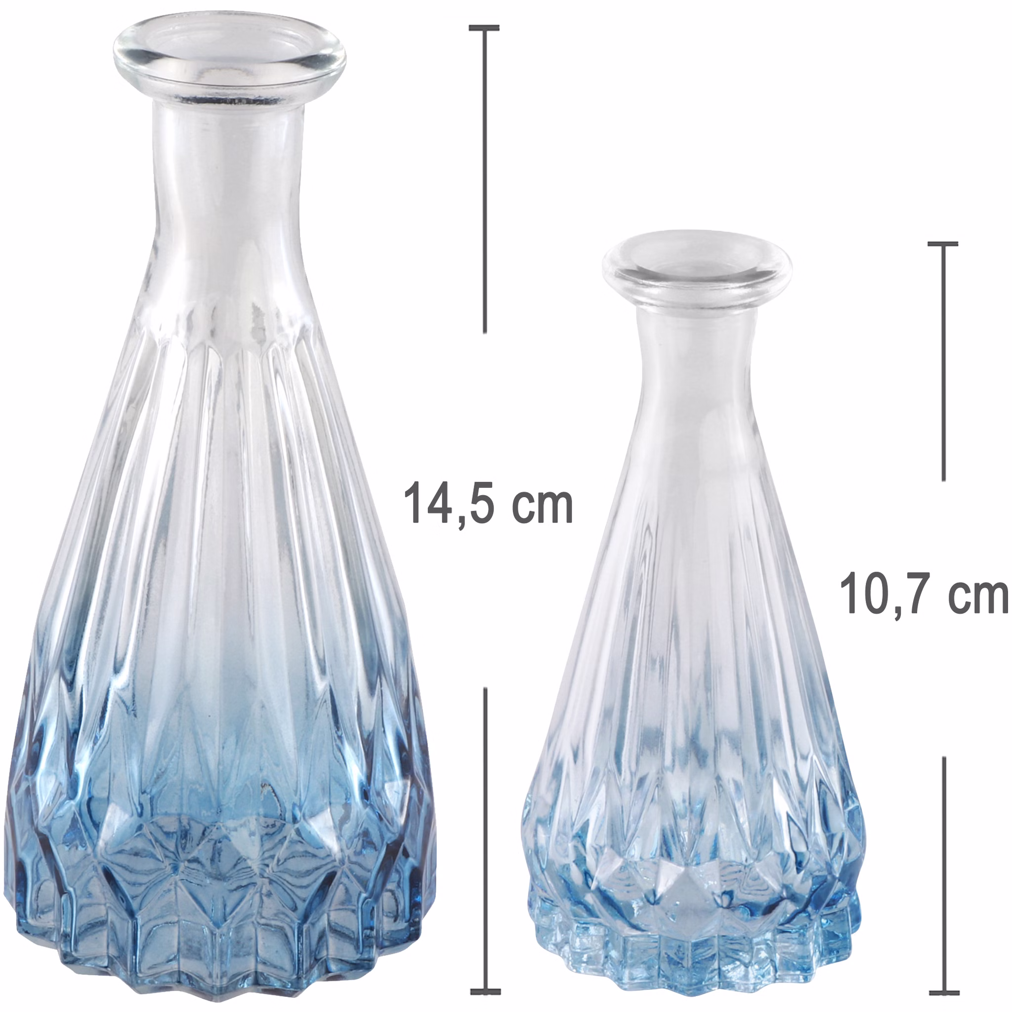 2 Vasen mit Blauem Farbverlauf 14,5 und 10,7 cm Tischdeko Hochzeit Geburtstag Vasen-Set Tischvasen für Blumen & Dekoration Tisch-Deko Hochzeit Geburtstag Blumenvasen dekorative Vasen gedeckter Tisch Maßangaben