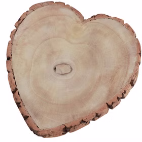 Herzförmige Baumscheibe aus Naturholz mit sichtbaren Jahresringen.