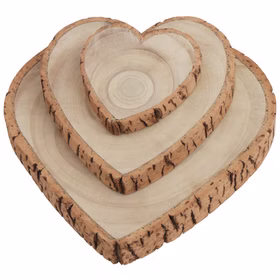 Baumscheiben-Set 3 Stück Herzform Rustikale Holzherzen 19, 23 & 30 cm Tischdeko Vintage Dekoration Geburtstag Hochzeit Jubiläum Muttertag Deko-Ideen 3 Holz-Herzen in verschiedenen Größen übereinander gestapelt.