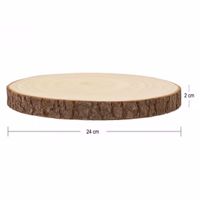 Holzscheibe aus Paulownia-Holz mit Rinde und Maßangaben, Durchmesser 24 cm und Höhe 2 cm, freigestellt auf weißem Hintergrund.