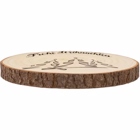Flach liegende Baumscheibe aus Paulownia-Holz mit „Frohe Weihnachten“ und Tannenwald-Gravur, in schräger Seitenansicht.