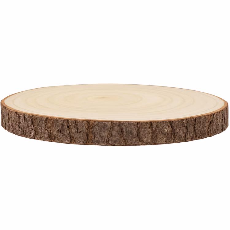Baumscheibe 24 cm Frohe Weihnachten mit Tannenwald-Motiv Tisch-Deko Geschenk Dekoration Advent Weihnachtsstimmung festlich Adventszeit Basteln Geschenkidee Runde Baumscheibe aus Paulownia-Holz in Seitenansicht mit sichtbarer Rinde und hellem Holz, flach liegend auf weißem Hintergrund.