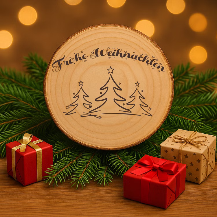 Baumscheibe 24 cm Frohe Weihnachten mit Tannenwald-Motiv Tisch-Deko Geschenk Dekoration Advent Weihnachtsstimmung festlich Adventszeit Basteln Geschenkidee Gravierte Baumscheibe „Frohe Weihnachten“ auf Tannenzweigen, umringt von Kerzen, goldenen Christbaumkugeln und leichtem Kunstschnee vor warmem Bokeh-Hintergrund.