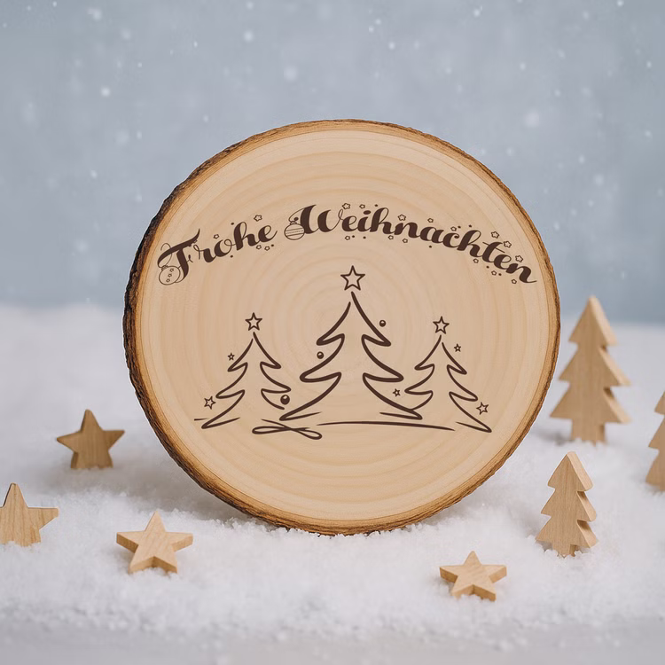 Baumscheibe 24 cm Frohe Weihnachten mit Tannenwald-Motiv Tisch-Deko Geschenk Dekoration Advent Weihnachtsstimmung festlich Adventszeit Basteln Geschenkidee Gravierte Baumscheibe „Frohe Weihnachten“ stehend im Kunstschnee, umgeben von kleinen Holzsternen und Holztannen vor winterlicher Schneelandschaft.