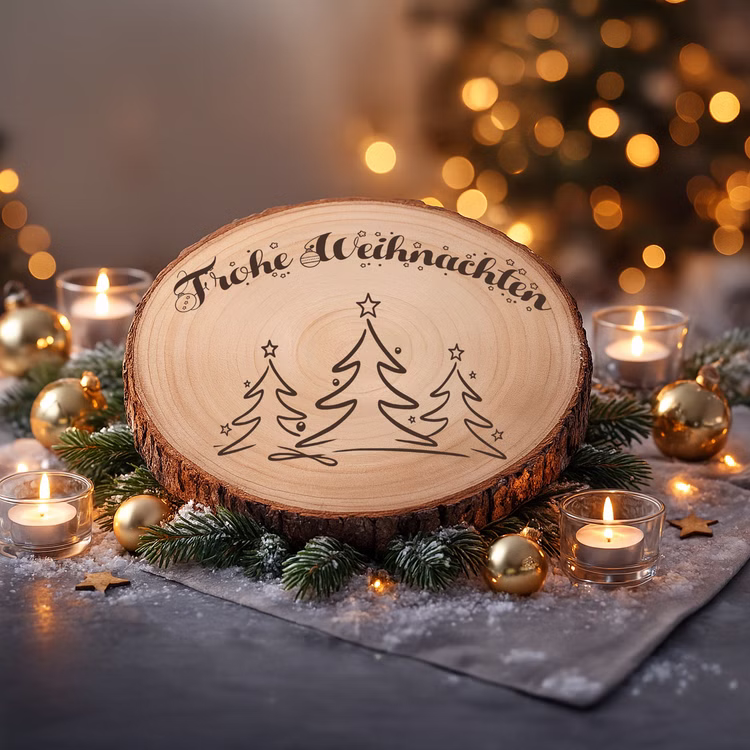 Baumscheibe 24 cm Frohe Weihnachten mit Tannenwald-Motiv Tisch-Deko Geschenk Dekoration Advent Weihnachtsstimmung festlich Adventszeit Basteln Geschenkidee Große Baumscheibe mit Gravur, eingebettet in ein festliches Arrangement aus Tannenzweigen, goldenen Kugeln, Teelichtern und Kunstschnee, im Hintergrund warm leuchtende Bokeh-Lichter.