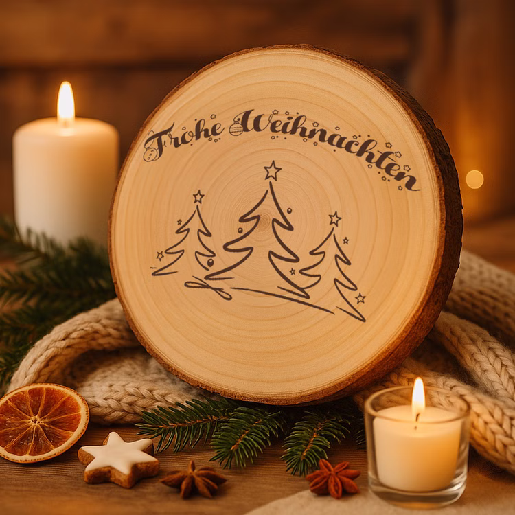 Baumscheibe 24 cm Frohe Weihnachten mit Tannenwald-Motiv Tisch-Deko Geschenk Dekoration Advent Weihnachtsstimmung festlich Adventszeit Basteln Geschenkidee Baumscheibe mit Gravur auf beigem Strickplaid, dekoriert mit Kerzen, Tannenzweigen, getrockneter Orange, Zimtstern und Sternanis in warmem Holz- und Kerzenlicht.