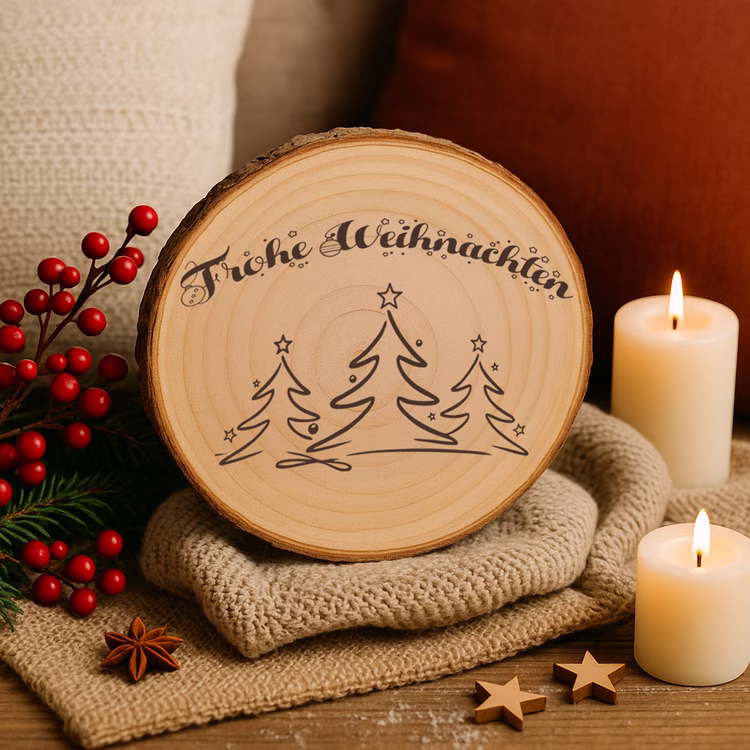 Baumscheibe 24 cm Frohe Weihnachten mit Tannenwald-Motiv Tisch-Deko Geschenk Dekoration Advent Weihnachtsstimmung festlich Adventszeit Basteln Geschenkidee Gravierte Baumscheibe auf weichem Wollplaid mit rotem Beerenzweig, Tannenzweigen, zwei Kerzen und Kissen im Hintergrund.