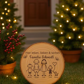 Personalisierte Holzscheibe mit Familiengravur steht auf dem Rasen neben einem geschmückten Weihnachtsbaum mit warmen LED-Lichtern.