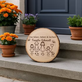 Baumscheibe 30 cm Familie Willkommensschild personalisiert mit Mädchen & Hund Zuhause Deko & Geschenk Eingangsbereich Geschenk für Familie und Freunde Einzug Herzlich Willkommen Holzscheibe personalisiert Die gravierte Baumscheibe steht auf einer Steintreppe, umgeben von Blumentöpfen, und dient als einladendes Willkommensschild vor der Haustür.