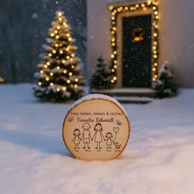 Baumscheibe 30 cm Familie Willkommensschild personalisiert mit Mädchen & Hund Zuhause Deko & Geschenk Eingangsbereich Geschenk für Familie und Freunde Einzug Herzlich Willkommen Holzscheibe personalisiert Die personalisierte Familien-Baumscheibe steht im verschneiten Vorgarten, umgeben von Lichterketten und Weihnachtsdeko. Im Hintergrund ist die festlich beleuchtete Haustür zu sehen.