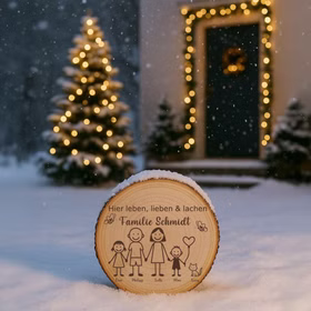 Baumscheibe 30 cm Familie Willkommensschild personalisiert mit Kindern & Katze Zuhause Deko & Geschenk Eingangsbereich Geschenk für Familie und Freunde Einzug Herzlich Willkommen Holzscheibe personalisiert Personalisierte Baumscheibe im verschneiten Vorgarten vor einer beleuchteten Haustür und einem geschmückten Weihnachtsbaum.