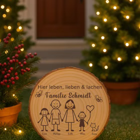 Baumscheibe 30 cm Familie Willkommensschild personalisiert mit Kindern & Katze Zuhause Deko & Geschenk Eingangsbereich Geschenk für Familie und Freunde Einzug Herzlich Willkommen Holzscheibe personalisiert Baumscheibe mit Familiengravur als winterliche Dekoration auf einer Treppenstufe mit beleuchteten Tannen und winterlichen Pflanzen im Hintergrund.