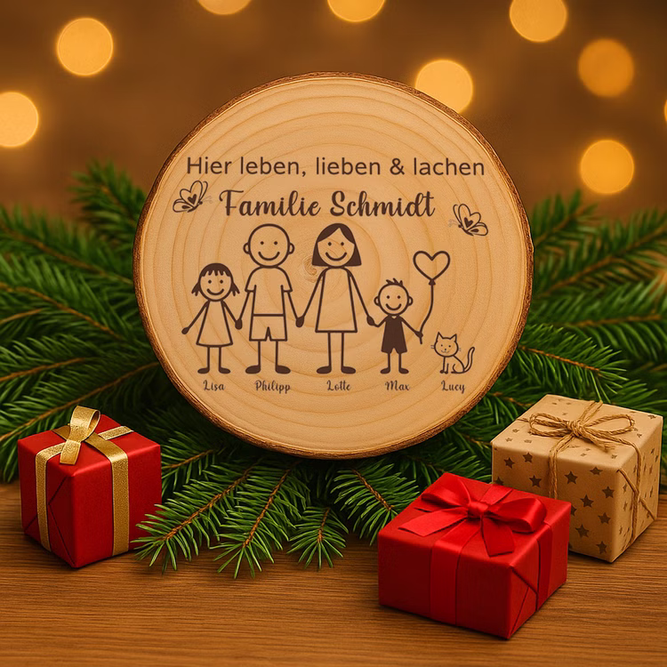 Baumscheibe 30 cm Familie Willkommensschild personalisiert mit Kindern & Katze Zuhause Deko & Geschenk Eingangsbereich Geschenk für Familie und Freunde Einzug Herzlich Willkommen Holzscheibe personalisiert Gravierte Baumscheibe mit Familienmotiv auf weihnachtlichem Tannengrün, umgeben von festlichen Geschenkboxen vor warm leuchtendem Hintergrund.
