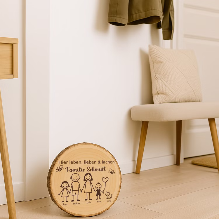 Baumscheibe 30 cm Familie Willkommensschild personalisiert mit Kindern & Katze Zuhause Deko & Geschenk Eingangsbereich Geschenk für Familie und Freunde Einzug Herzlich Willkommen Holzscheibe personalisiert Gravierte Baumscheibe im hellen, modernen Flur mit Sitzbank, Kissen und Garderobenbereich als dekoratives Willkommensschild.