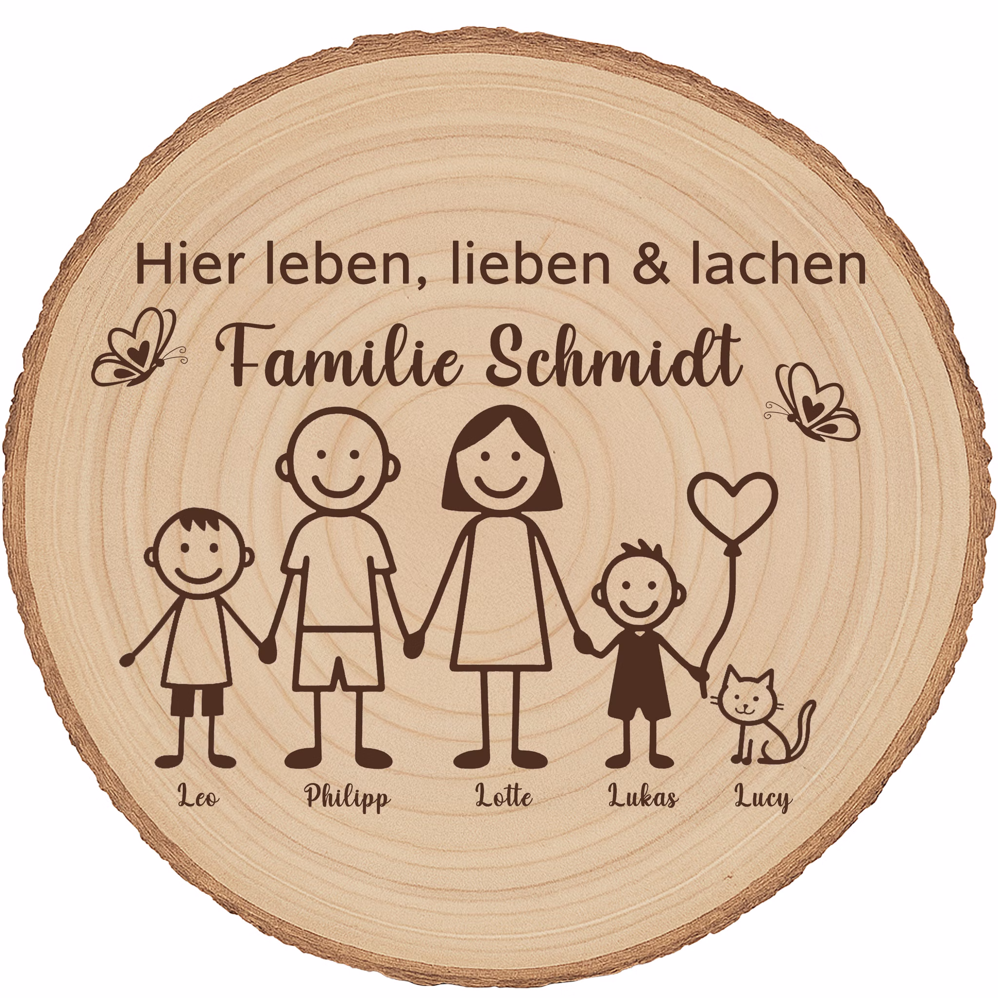 Baumscheibe 30 cm Familie Willkommensschild personalisiert mit zwei Jungen & Katze Zuhause Deko & Geschenk Eingangsbereich Geschenk für Familie und Freunde Einzug Herzlich Willkommen Holzscheibe personalisiert Personalisierte Baumscheibe aus Holz mit Gravur ‚Hier leben, lieben & lachen Familie Schmidt‘ sowie den Vornamen Leo, Philipp, Lotte, Lukas und Lucy unter den Familienfiguren inklusive Katze.