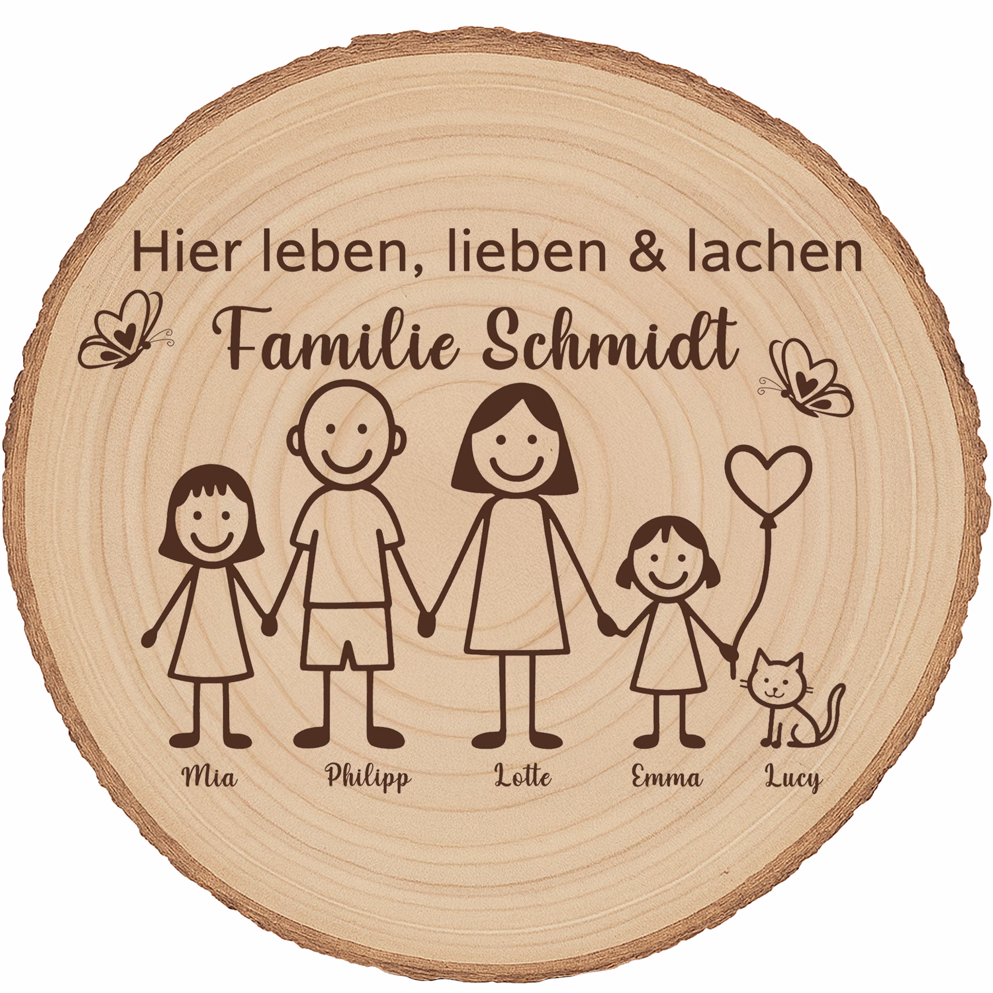 Baumscheibe 30 cm Familie Willkommensschild personalisiert mit Mädchen & Katze Zuhause Deko & Geschenk Eingangsbereich Geschenk für Familie und Freunde Einzug Herzlich Willkommen Holzscheibe personalisiert Die personalisierte Baumscheibe zeigt die Gravur „Hier leben, lieben & lachen – Familie Schmidt“ sowie eine Familienillustration mit zwei Mädchen und Katze, sauber auf hellem Naturholz graviert.