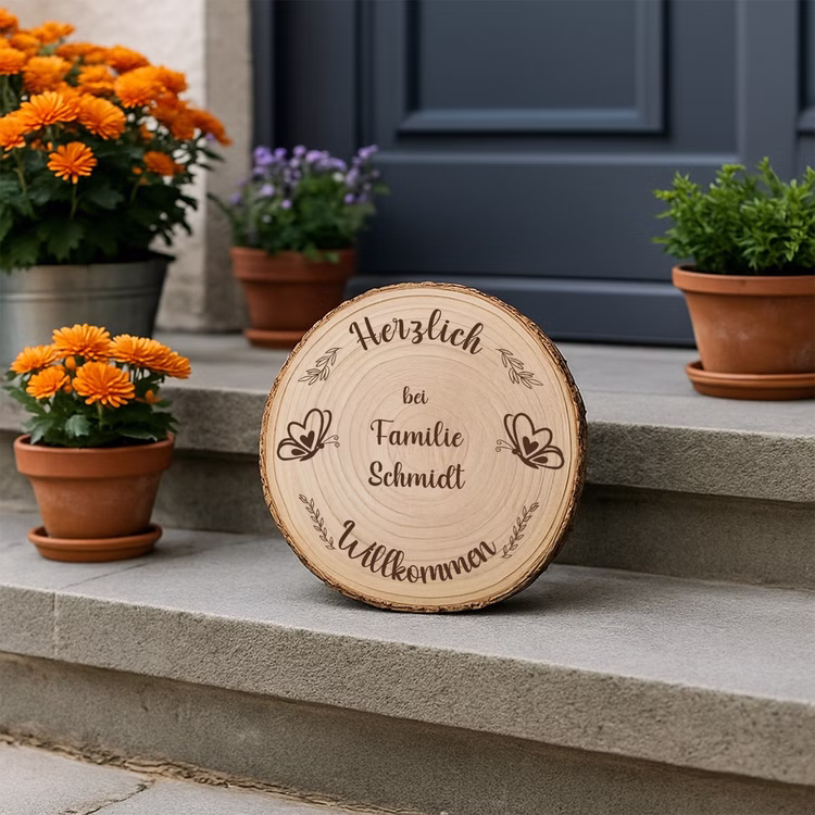 Baumscheibe 30 cm Willkommen personalisiert Motiv mit Schmetterlingen Zuhause Deko & Geschenk Eingangsbereich Geschenk für Familie und Freunde Einzug Herzlich Willkommen Holzscheibe personalisiert Gravierte Baumscheibe mit Familiennamen auf einer Treppenstufe, dekoriert mit Topfpflanzen vor moderner grauer Haustür.