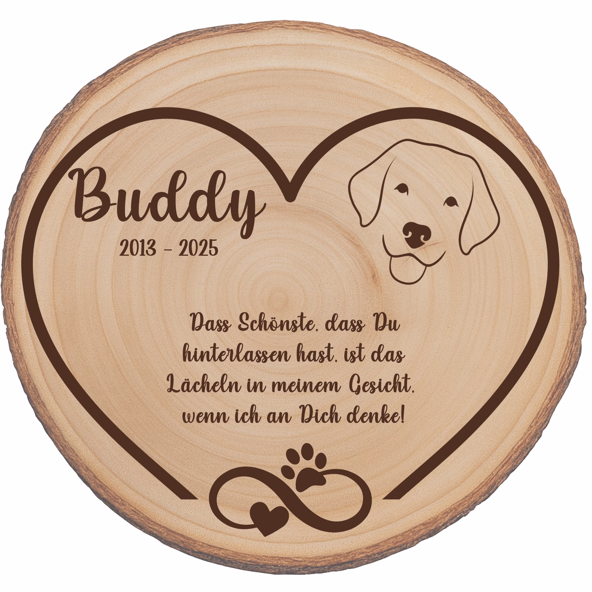Personalisierte Baumscheibe 30 cm Gedenktafel an deinen Hund mit Gravur Andenken Holzscheibe mit Gravur Erinnerung bester Freund des Menschen Grabscheibe Trauerdekoration Deko Personalisierte Holzscheibe für Hund mit Gravur „Buddy 2013 – 2025“ und Pfotenmotiv.