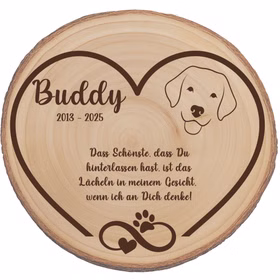 Personalisierte Baumscheibe 30 cm Gedenktafel an deinen Hund mit Gravur Andenken Holzscheibe mit Gravur Erinnerung bester Freund des Menschen Grabscheibe Trauerdekoration Deko Personalisierte Holzscheibe für Hund mit Gravur „Buddy 2013 – 2025“ und Pfotenmotiv.