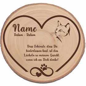 Personalisierte Baumscheibe 30 cm Gedenktafel an deine Katze mit Gravur Andenken Holzscheibe mit Gravur Erinnerung Samtpfote Grabscheibe Kater Trauerdekoration Deko Runde Baumscheibe mit Herzrahmen und Katzenmotiv, Platzhalter für Name und Datum.