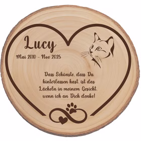 Personalisierte Baumscheibe 30 cm Gedenktafel an deine Katze mit Gravur Andenken Holzscheibe mit Gravur Erinnerung Samtpfote Grabscheibe Kater Trauerdekoration Deko Personalisierte Baumscheibe für Katze mit Gravur „Lucy Mai 2010 – Nov 2025“.
