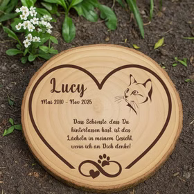 Personalisierte Baumscheibe 30 cm Gedenktafel an deine Katze mit Gravur Andenken Holzscheibe mit Gravur Erinnerung Samtpfote Grabscheibe Kater Trauerdekoration Deko Personalisierte Baumscheibe als Gedenkstelle für eine Katze im Gartenboden.
