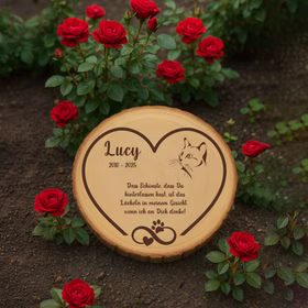 Personalisierte Baumscheibe 30 cm Gedenktafel an deine Katze mit Gravur Andenken Holzscheibe mit Gravur Erinnerung Samtpfote Grabscheibe Kater Trauerdekoration Deko Katzen-Gedenktafel aus Holz in einem Blumenbeet mit roten Rosen im Garten.
